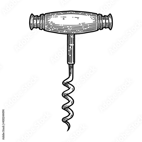 Illustration of corkscrew in engraving style. Design element for poster, card, banner, sign. Vector illustration