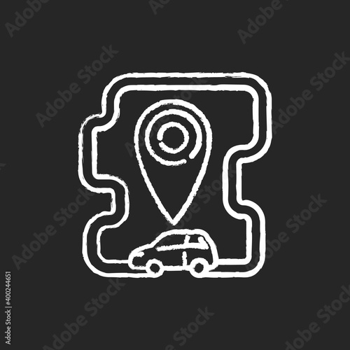 Roundtrip carsharing chalk white icon on black background. Model of car rental where people rent cars for short periods of time. Get automobile for hour. Isolated vector chalkboard illustration