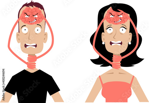 Man and woman strangled by their brains as a metaphor for overthinking, EPS 8 vector illustration