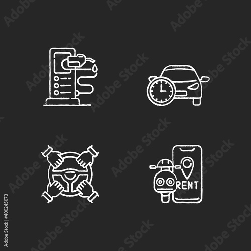 Car sharing and rental service chalk white icons set on black background. Rent car by hour to use freely. Scooter renting services with free access. Isolated vector chalkboard illustrations