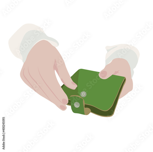 hands wallet vector stock illustration. hands close-up open green wallet. purchase in the store. Pay off your debts. Isolated on a white background.