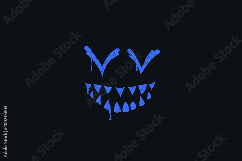 Abstract background, scary face with teeth. Creative background, blue face outline, toothy monster.