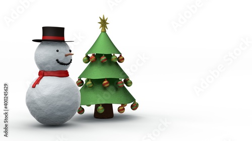 3d rendering of snowman, snow woman and Christmas tree. Festive, New Year 3d illustration for Christmas cards and compositions, isolated image on a white background.