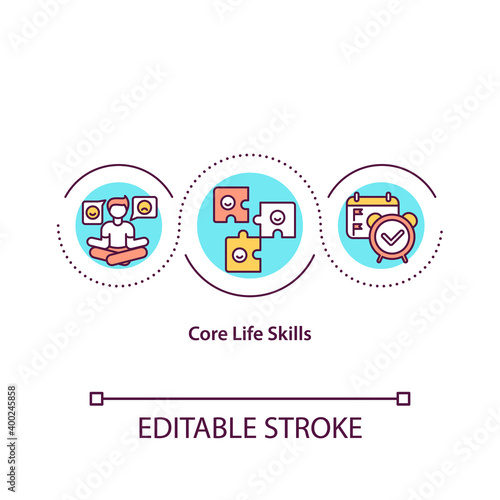 Core life skills concept icon. Encouraging child to develop idea thin line illustration. Effective communication. Critical thinking. Vector isolated outline RGB color drawing. Editable stroke photo