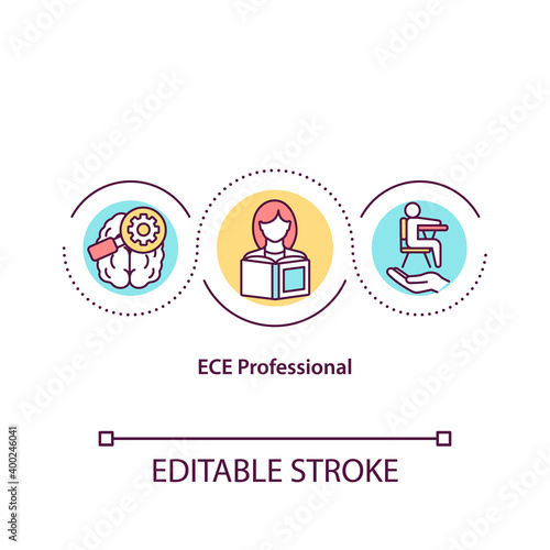 ECE professional concept icon. Teaching young children from infancy idea thin line illustration. Early childhood educators. Vector isolated outline RGB color drawing. Editable stroke