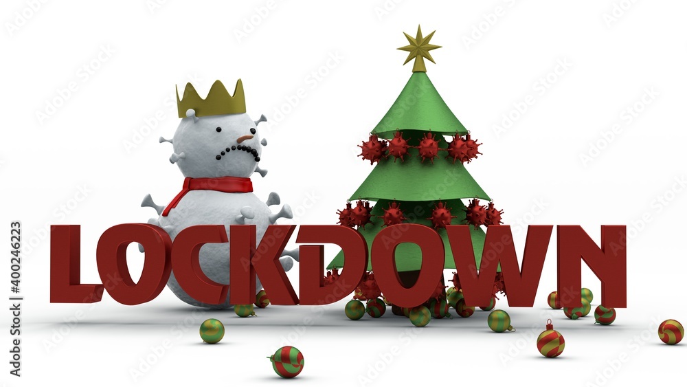 3d rendering of a christmas tree with coronavirus toys. Next to it is a snowman in the form of a coronavirus with a golden crown and a red text. spoiled new year's holidays, quarantine and lockdown. 3d rendering of a christmas tree with coronavirus toys. Next to it is a snowman in the form of a coronavirus with a golden crown and a red text. spoiled new year's holidays, quarantine and lockdown.