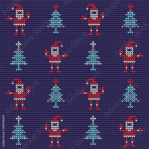 Christmas knitted seamless pattern. Knit ornament with Santa and Christmas tree. Vector illustration.
