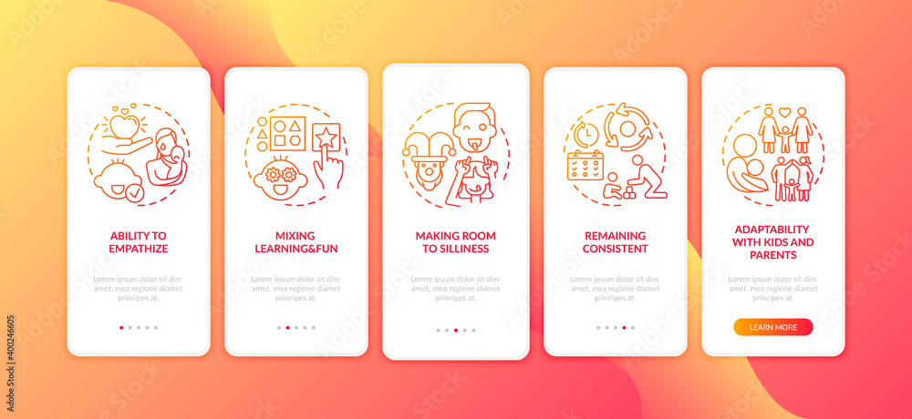 Naklejka premium Baby learn and play red onboarding mobile app page screen with concepts. Emotional development. Parenthood walkthrough 5 steps graphic instructions. UI vector template with RGB color illustrations
