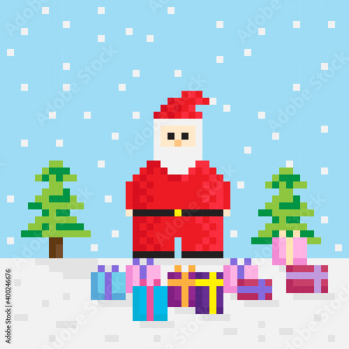 Santa Claus pixel art. Vector picture. Santa Claus and gift. © Sudakarn