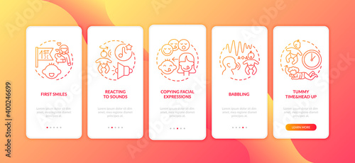 Baby early sensory development red onboarding mobile app page screen with concepts. Toddler ability. Infancy walkthrough 5 steps graphic instructions. UI vector template with RGB color illustrations