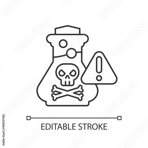 Chemical poisoning linear icon. Cleaning supplies. Toxic household products. Using pesticides. Thin line customizable illustration. Contour symbol. Vector isolated outline drawing. Editable stroke
