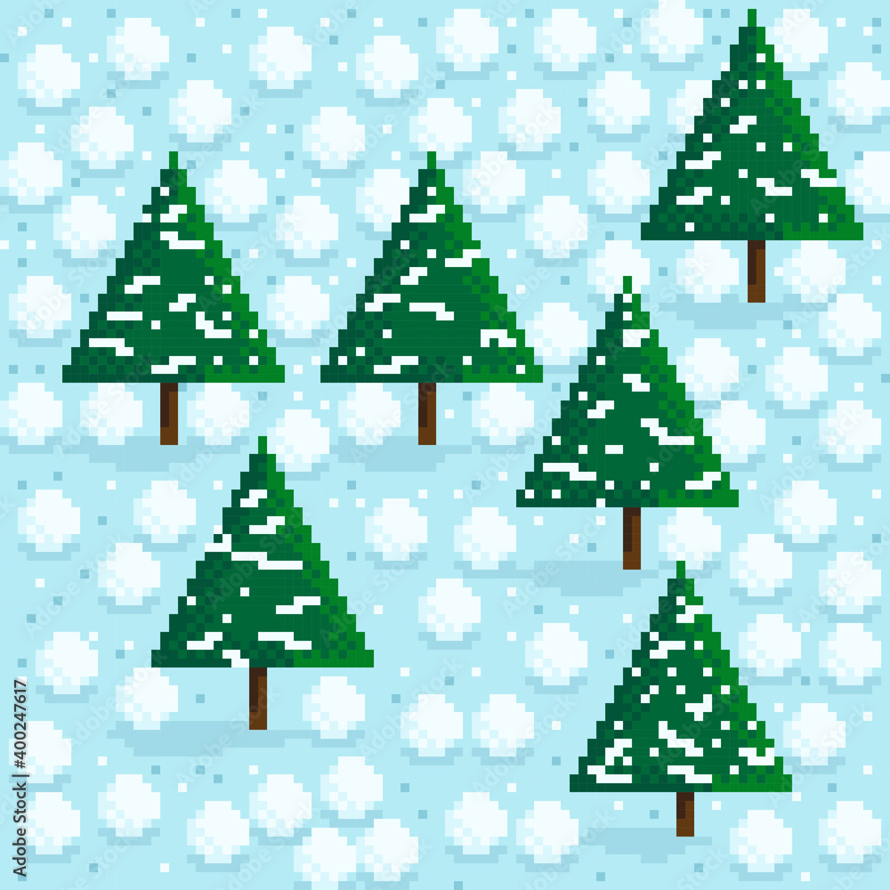Christmas tree and snow pixel art. Vector illustration.