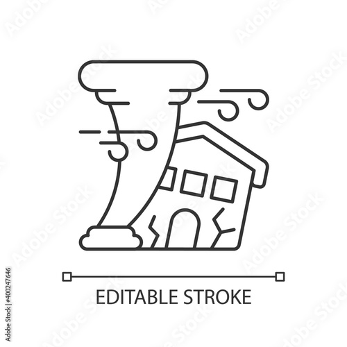 Hurricane linear icon. Destroying residential structures. Catastrophic property damage. Thin line customizable illustration. Contour symbol. Vector isolated outline drawing. Editable stroke
