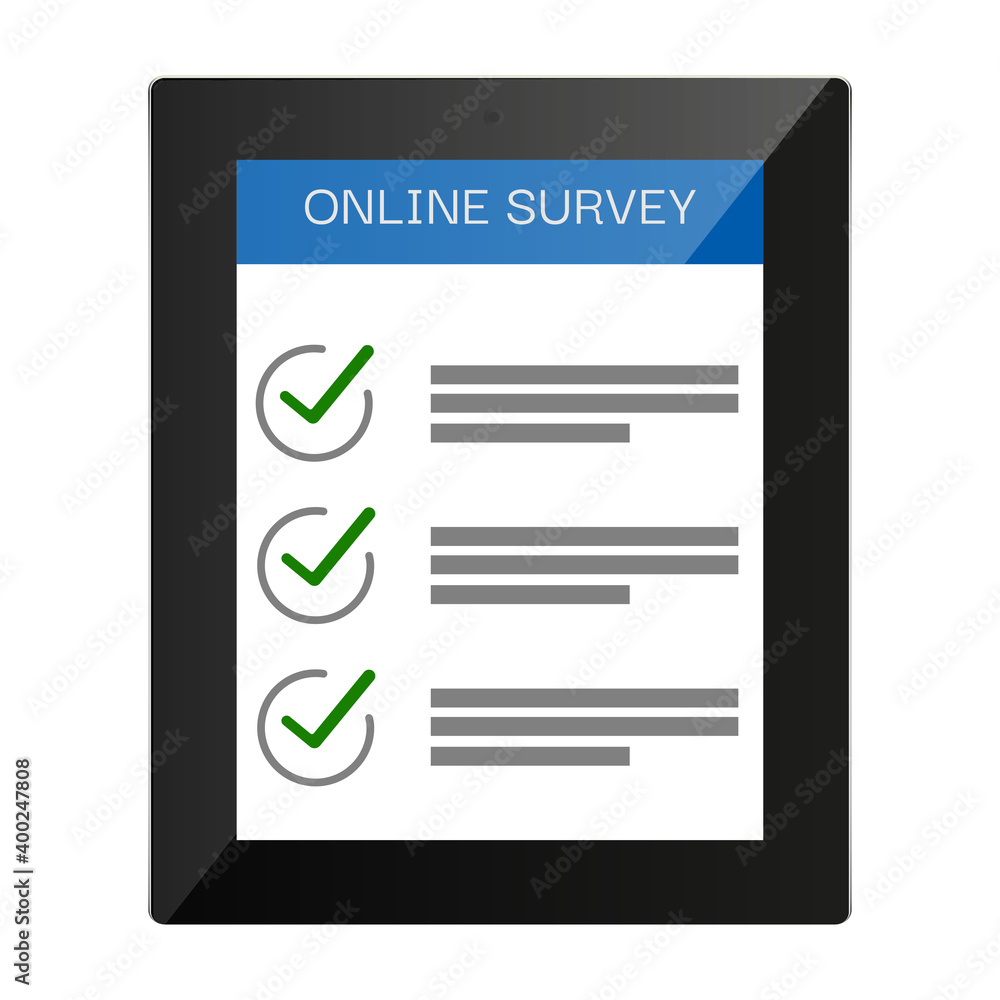 Online survey concept for infographics, web banners. Online form on tablet computer. Flat style vector illustration on white background. Online survey concept for infographics, web banners. Online form on tablet computer. Flat style vector illustration on white background.
