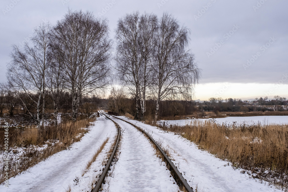 Railway that goes into the distance on the bridge among the birches. Railway that goes into the distance on the bridge among the birches.