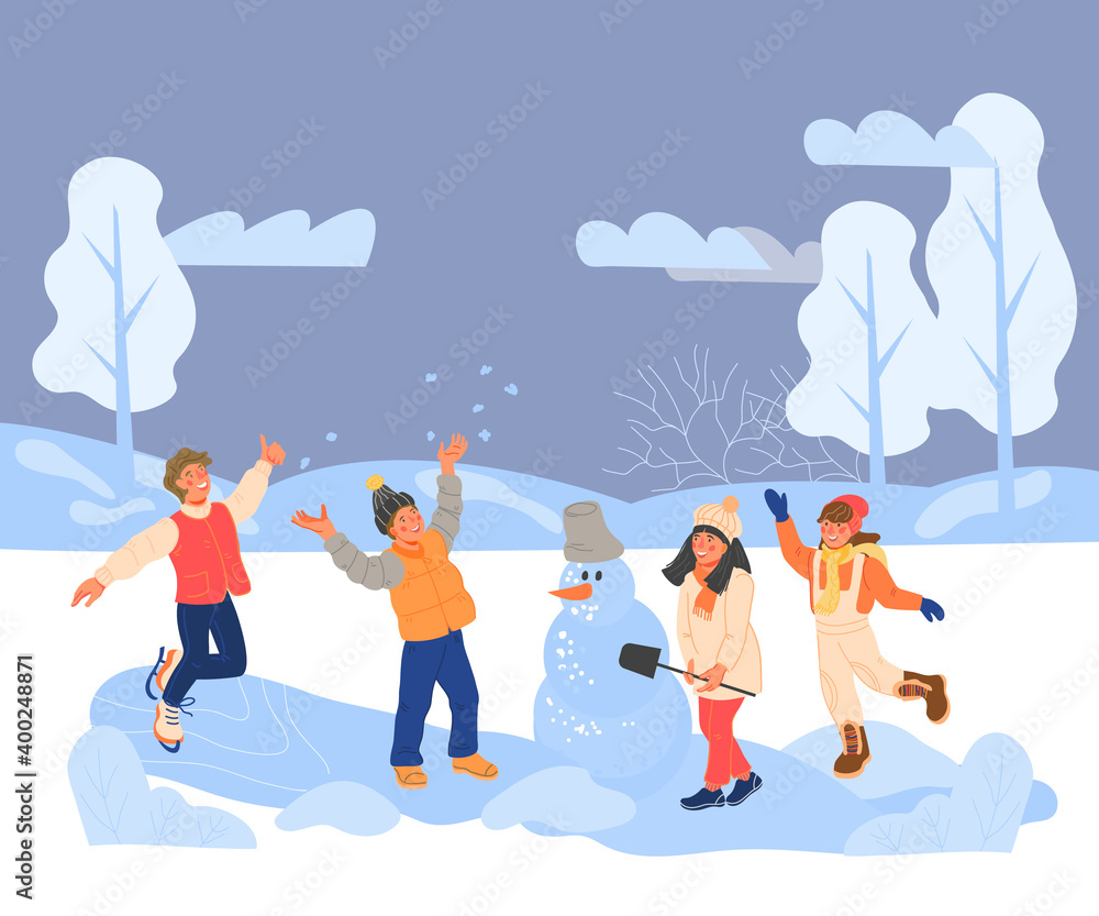 Winter scenery with children enjoying snow weather and making snowman. Background for winter activity and sport with kids playing outdoors, flat vector illustration isolated on white. Winter scenery with children enjoying snow weather and making snowman. Background for winter activity and sport with kids playing outdoors, flat vector illustration isolated on white.