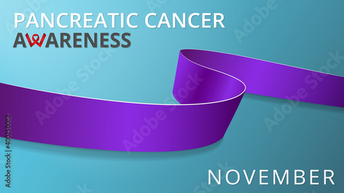Realistic violet ribbon. Awareness pancreatic cancer month poster. Vector illustration. World pancreatic cancer day solidarity concept. Symbol of pansreatitis, sarcoidosis, lupus, cystic fibrosis.