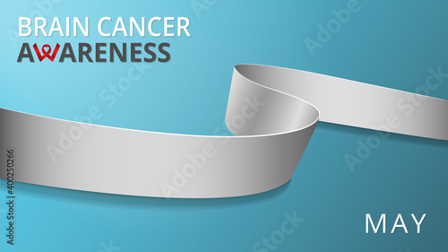Realistic gray ribbon. Awareness brain cancer month poster. Vector illustration. World brain cancer day solidarity concept. Blue background. Symbol of asthma awareness.