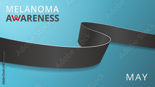 Realistic black ribbon. Awareness melanoma month poster. Vector illustration. World melanoma day solidarity concept. Blue background. Symbol of skin cancer. Mourning ribbon.