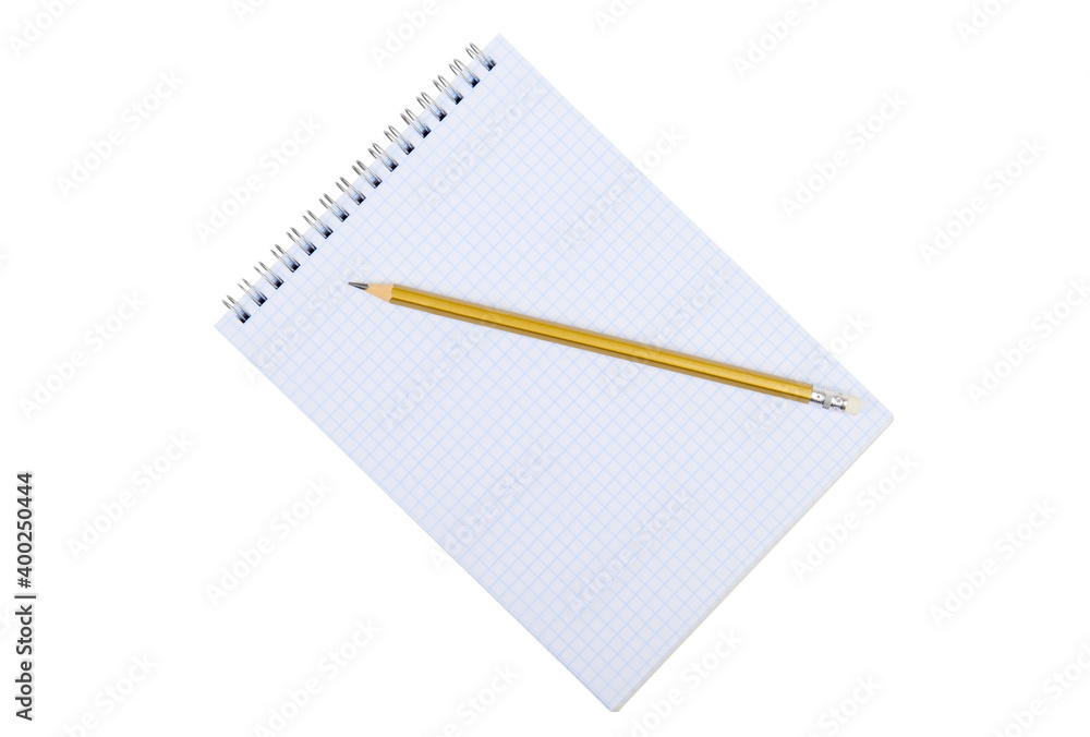 Notebook and pencil isolated on white background, close up, top view Notebook and pencil isolated on white background, close up, top view