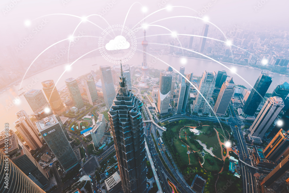 © fazon - Shanghai Smart City Wireless Network and Cloud Comouting Concept. © fazon - Shanghai Smart City Wireless Network and Cloud Comouting Concept.
