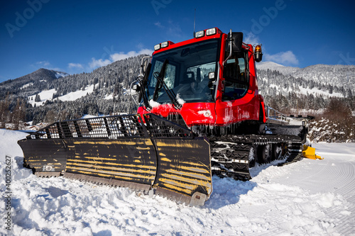 Piste machine (snow cat) on the mountains, close up