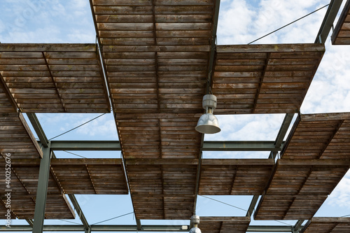Obraz na płótnie Stylish wooden shading roof in Lisbon's Parque das Nacoes, Portugal w salonie