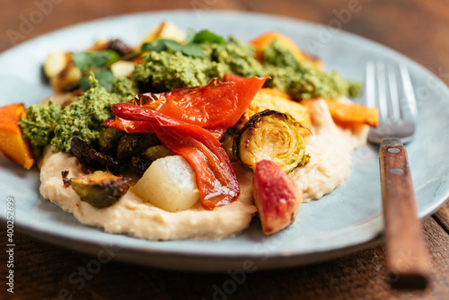 Roasted Vegetables on Butter Bean Hummus with Zhoug