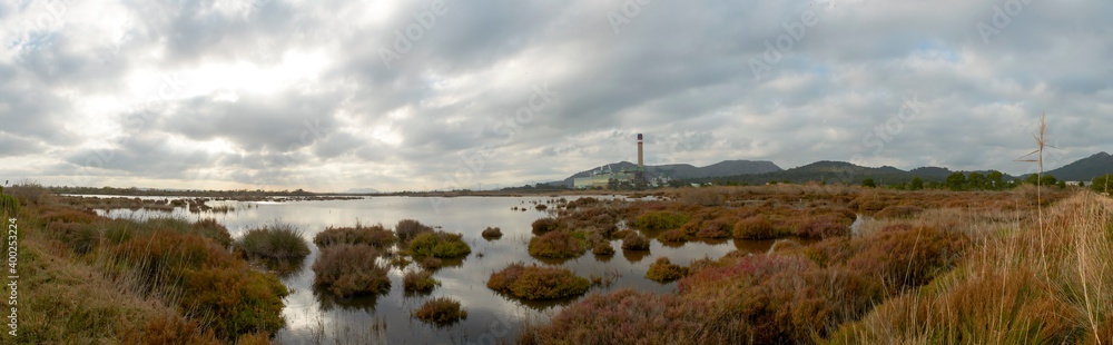 panoramic view of salt lake, mallorca lagoon, ornithological center, cloudy day, breaking the background, Es Murterar thermal power plant, majorca spain