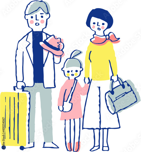 困った表情の家族　家族旅行