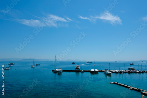 Sea view on marina with yachts  stock photo. View on the marina at Corfu City  Corfu Island  Greece