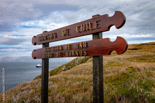 Antarctica - December 05, 2016. Chilean Navy - Mayorship of the Sea - Cape Horn entry sign on Cape Horn Island in the south of Chile