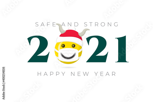 2021 Logo with Halftone Style Smiling Face Wearing Santa Hat with Ox Horns and Protected with Medical Mask Safe New Year Concept - Multicolor on White Background - Mixed Graphic Design