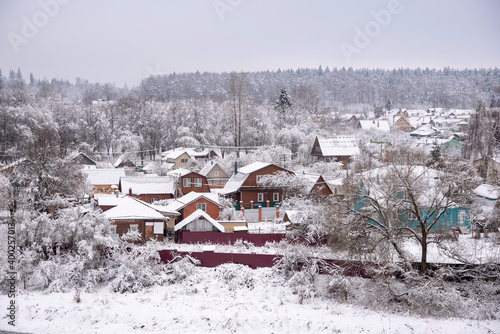 Wallpaper Mural snow-covered village with bright wooden houses on the background of the forest and overcast sky. Winter rural landscape. Torontodigital.ca