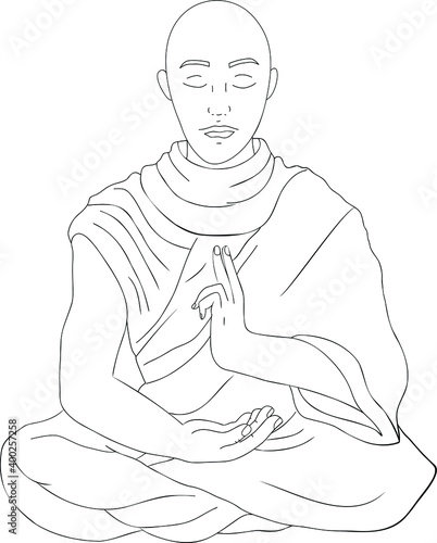 A Buddhist monk sitting in the lotus position and doing mudras with his hands. Vector illustration, outline, coloring, icon, logo
