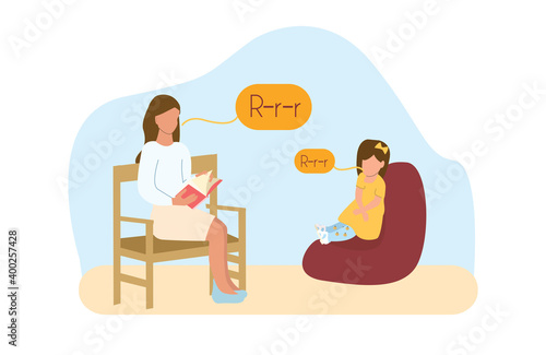 Speech therapist, defectologist, doctor teaches a child to pronounce letters and words correctly, psychologist talks to a little girl, vector illustration in flat style