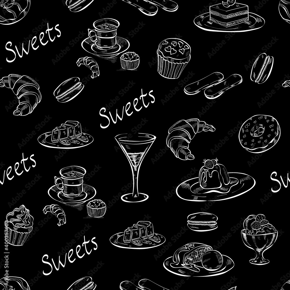 sweets, candy, cupcake line art chalk vector seamless pattern on dark background. Concept for menu, cards, wallpaper, wrapping paper