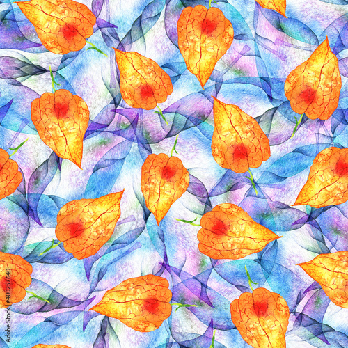 Watercolor seamless pattern - Physalis on violet texture background © Iryna