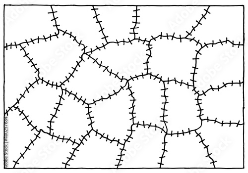 Pieces of white fabric are sewn with black threads. Staircase on barbed wire on a white background.