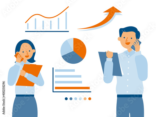 電話で打ち合わせをする男性と女性（シンプルカラー）