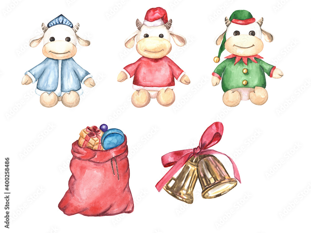 Watercolor illustration of a New Year's clipart. The symbol of the year is the bull. Watercolor illustration of a New Year's clipart. The symbol of the year is the bull.