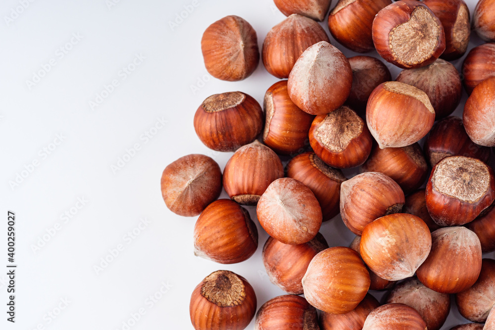 fresh natural hazelnuts on a white acrylic background fresh natural hazelnuts on a white acrylic background