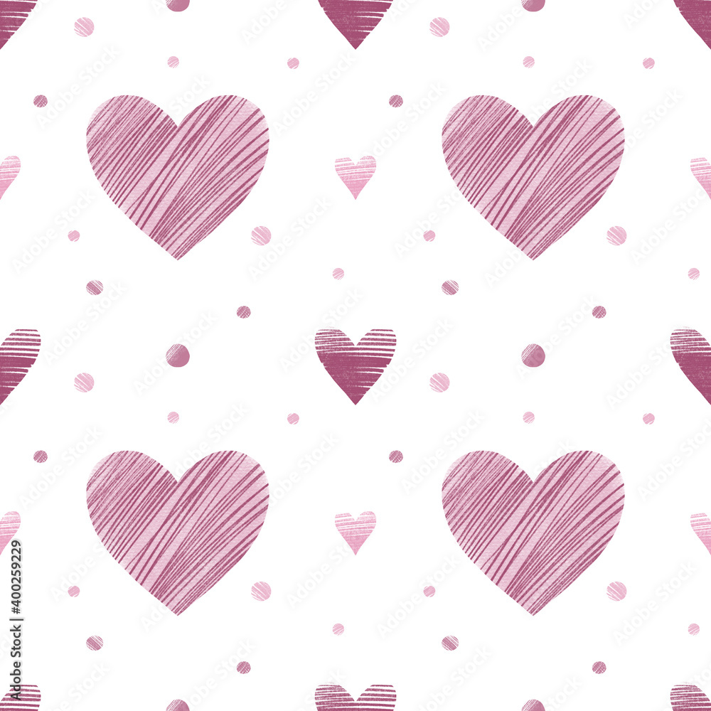 Seamless pattern with hand drawn hearts for greeting cards, wrapping paper, wedding, birthday, fabric, textile, Valentines Day, mothers Day, easter