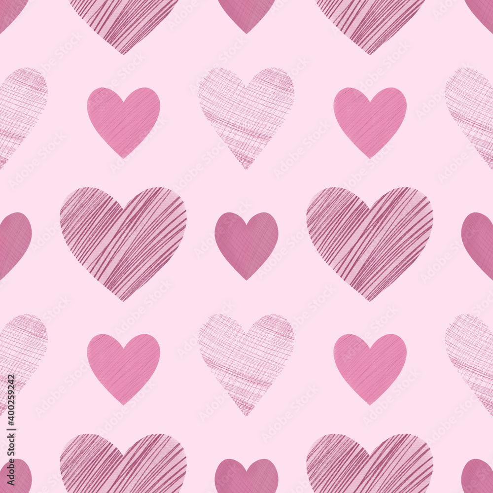 Seamless pattern with hand drawn hearts for greeting cards, wrapping paper, wedding, birthday, fabric, textile, Valentines Day, mothers Day, easter