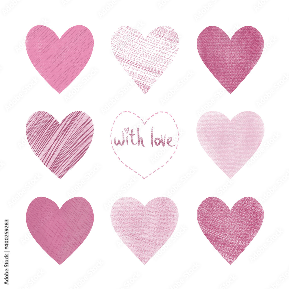 Set of hand-drawn hearts on a white background for design Valentine's Day.