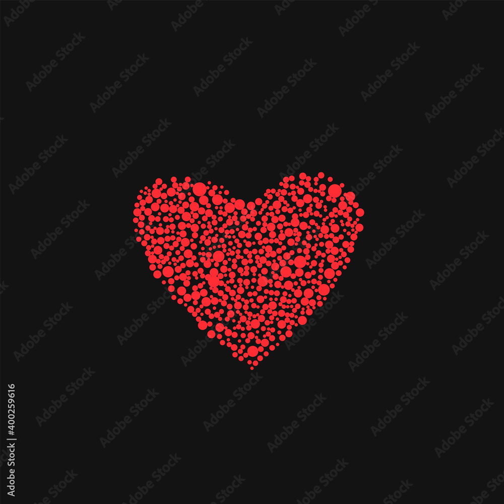 Vector shape confetti splash with red hearts inside. Valentine's Heart form of a lot of small hearts on black background