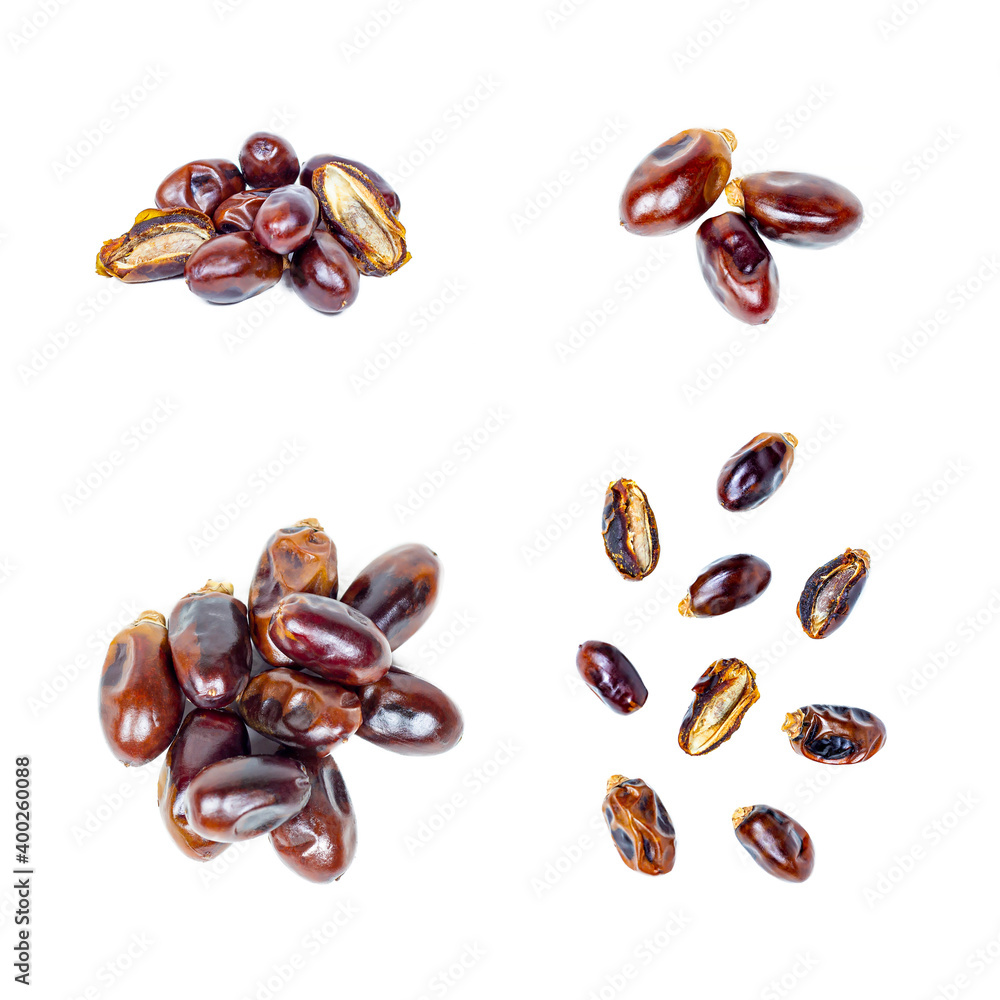 Sweet dried brown dates set isolated on white background. Sweet dried brown dates set isolated on white background.