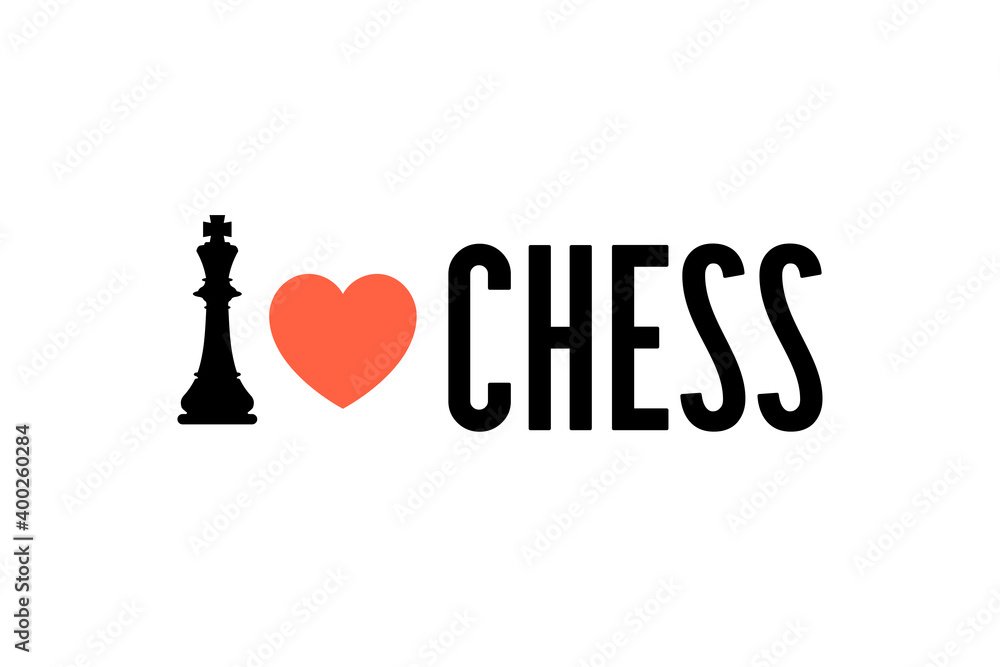 I love chess. Illustration of mad love to chess. The king figure and the heart sign. Logo concept for souvenirs, badges, T-shirts, stickers and other things. For fans of the chess club. I love chess. Illustration of mad love to chess. The king figure and the heart sign. Logo concept for souvenirs, badges, T-shirts, stickers and other things. For fans of the chess club.