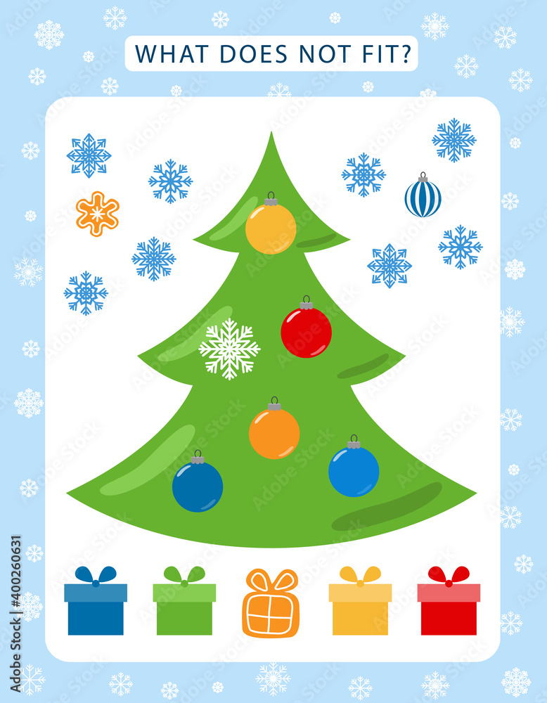 Set of tasks for the development of logical thinking of children. What does not fit is education children game. Difficulty level 1. Set composed of Christmas decorations. Vector illustration