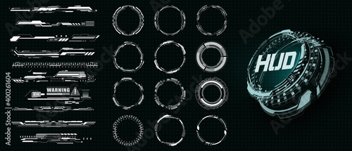 Circle HUD elements for UI, UX, GUI, FUI. Set abstract digital circular shapes. Bar labels, info call box bars. Futuristic info boxes layout templates. Set of Sci Fi Modern User Interface Elements.